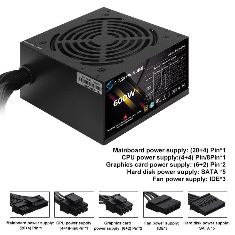 T.F.SKYWINDINTL 600W Gaming Gold ATX Power Supply PC For Computer