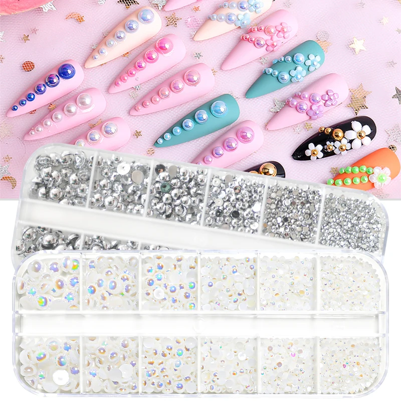 12 grades encantos pérola unhas arte decorações flatback branco rosa contas de prata bola 3d jóias de cristal strass diy manicure