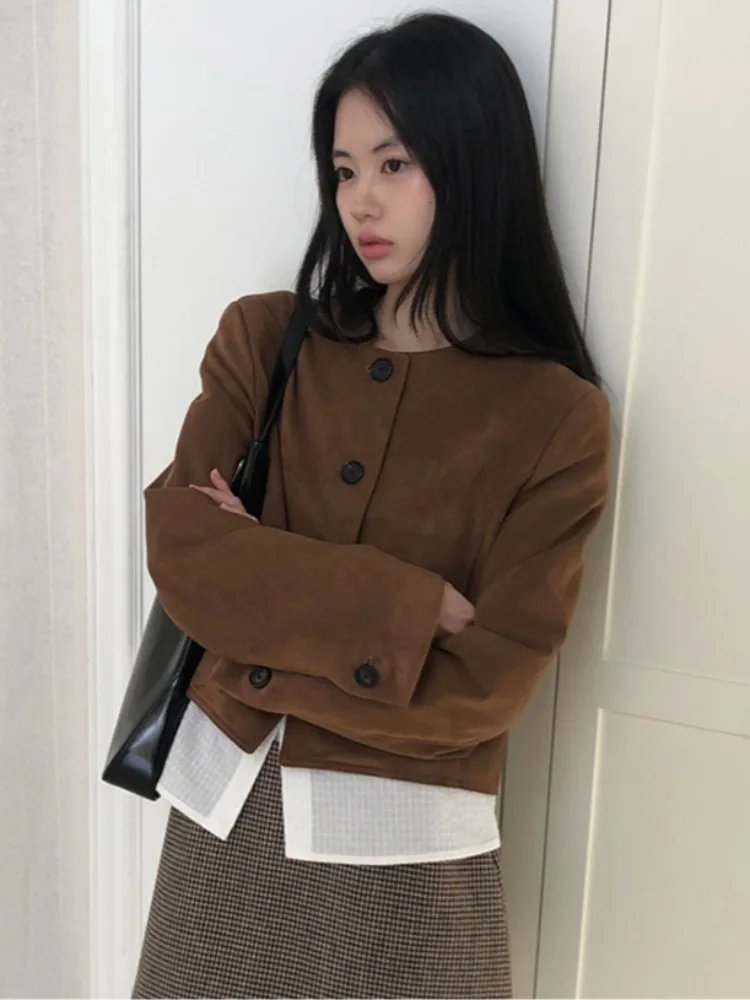 Veste longue en daim rétro Chic à bouton unique, ample et décontractée, longueur d'épaule, vêtements d'extérieur pour jeunes femmes en automne