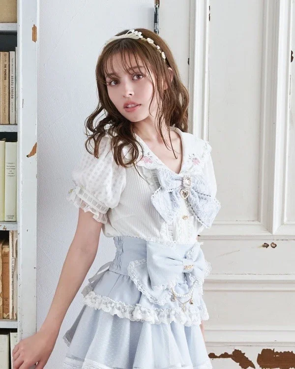 Japanese Liz Mine Strawberry Embroidered Sailor Collar White Shirt Girly Sweet Lace Bow Lolita Blouses Women Short Sleeve Tops