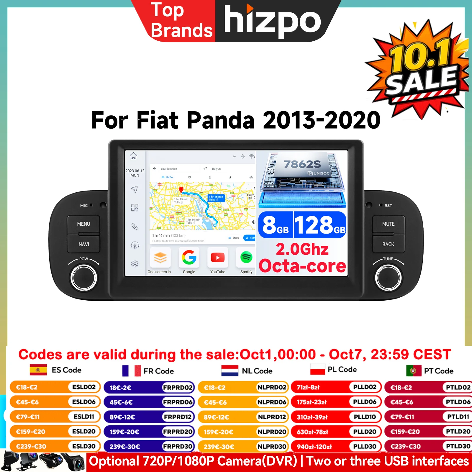 Autoradio Android 7" per FIAT Panda 2013 - 2020, Lettore Multimediale Stereo con Navigazione, Carplay, Sistema AI Intelligente