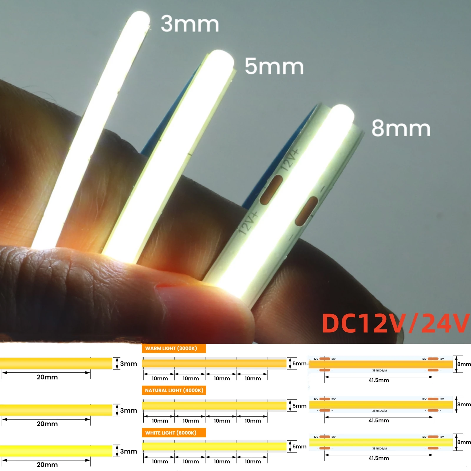 12V 24V 384LEDs/M COB Strip LED Light Bar 3MM 5MM 8MM Ultra Thin Flexible Tape Dimmable Linear Lighting 3000K 4000K 6000K