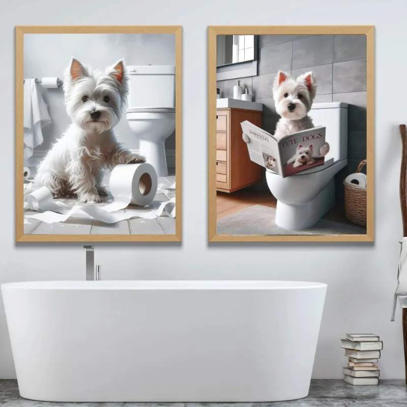 Funny Animal on Toilet Bichon Westie Border Terrier Dog Highland Cow Poster Humor Kids Bathroom Canvas Painting Home Decor Gift