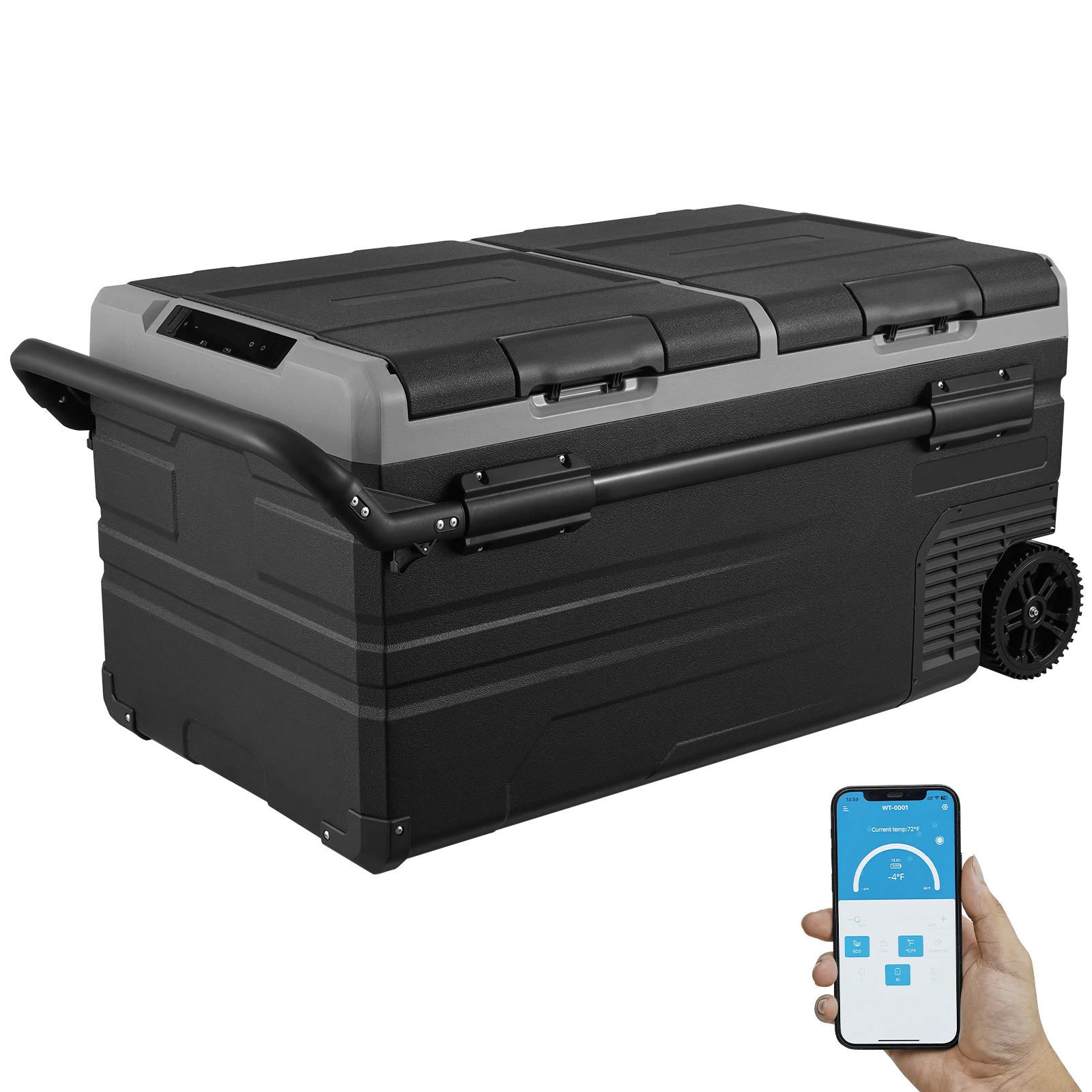 VEVOR Nevera de Compresión Portátil 95L, Mini Nevera para Coche de 12V, Nevera de Doble Zona, Temperatura Ajustable de -20°C a 20°C, con Ruedas y Asa, para Camión, Barco, Casa, Camping