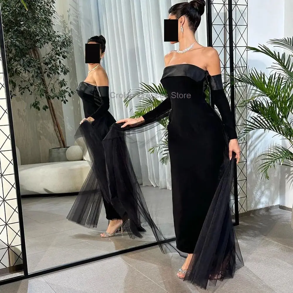 Black Off the Shoulder Long Sleeves Evening Dress Saudi Arabia Formal Strapless Straight Prom Gowns Floor Length Robes De Soirée