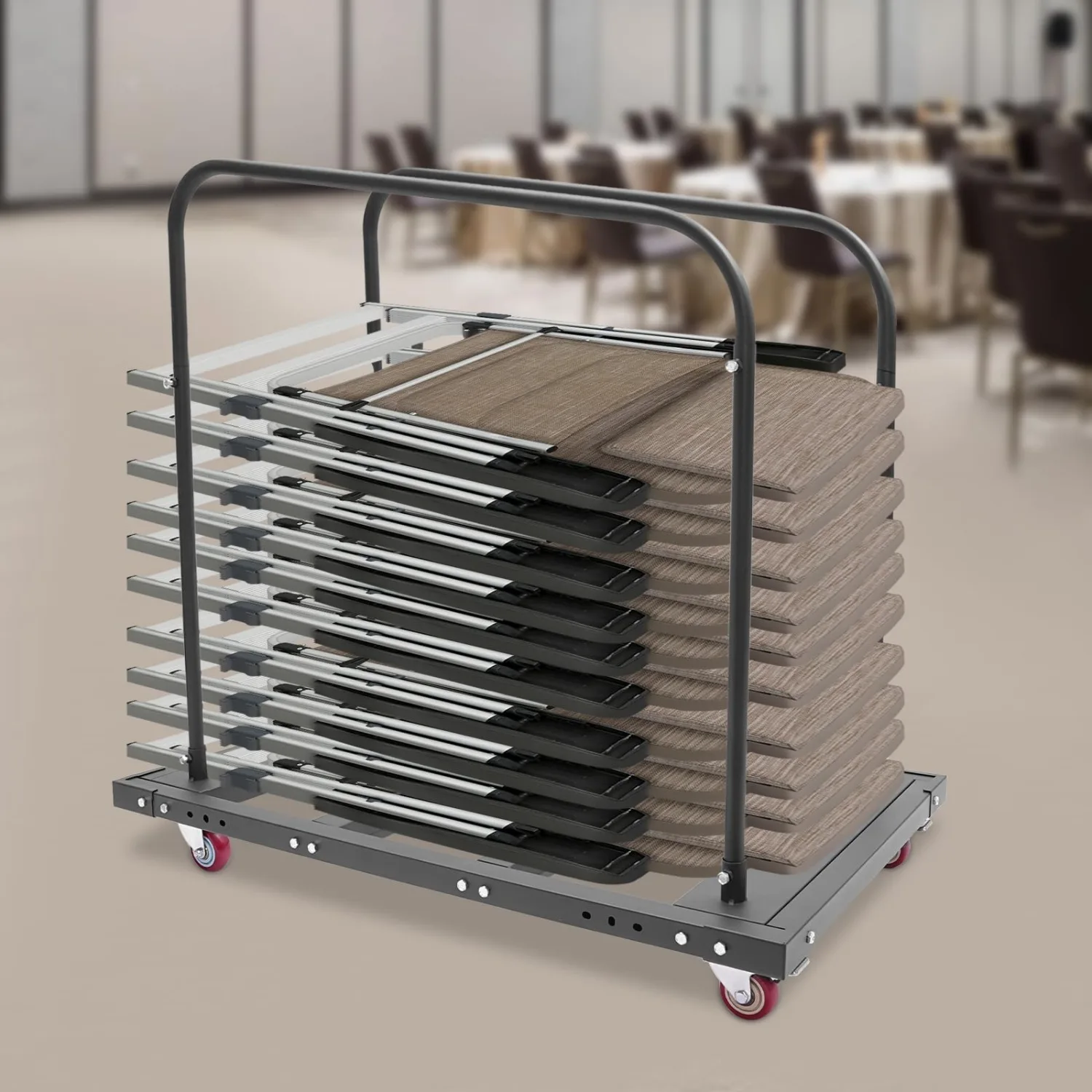 Heavy-Duty Metal Folding Table Cart, Rolling Dolly with 2 Locking Swivel Casters, Holds 10 Folding Tables, Black Frame
