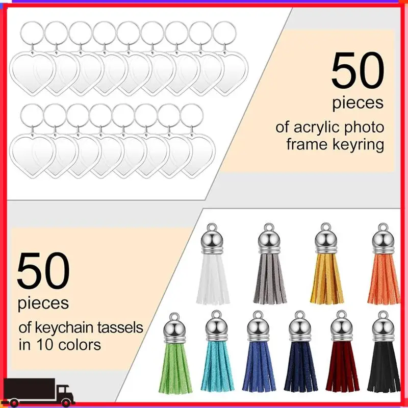 Premium 50 Sets Snap-In Acrylic Photo Frame Keychain Custom Insert Photo Keyring Clear Blank Picture Keyring With Tassels