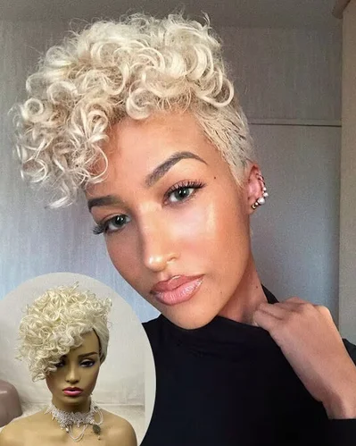 Pixie Short Curly Blonde Synthetic Wigs With Bangs Heat Resistant Fashion Cos