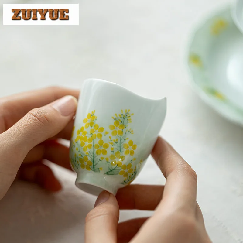 2pc/lot Hand-painted Rapeseed Flower Teacup Thin Body White Porcelain Tea Bowl Cute Cup Smelling Cup Chinese Tea Set Craft 60ml