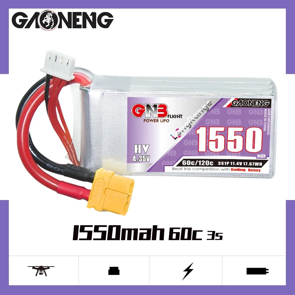 

GAONENG GNB 1550mAh HV 3S 60C 120C 11.4V XT60 LiPo Battery Long Range 4 to 5 inch FPV WLtoys V950 450 Helicopter QAV250