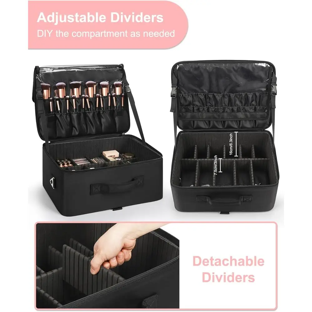 전문가용 메이크업 케이스 (조절 가능한 칸막이, 투명 가방, 립스틱 홀더, 어깨끈 포함)