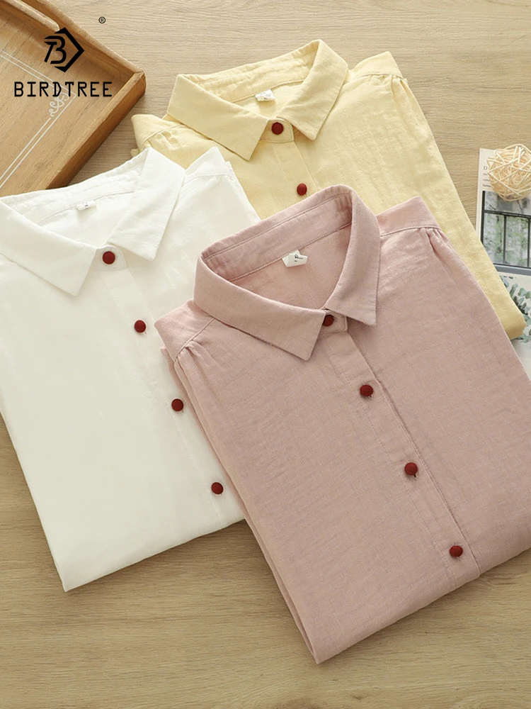 

Новая весенняя хлопковая рубашка с длинным рукавом 2026 года, женская блузка с отложным воротником и красными пуговицами, универсальная свободная блузка в стиле Mori Girl/OL T62131CC