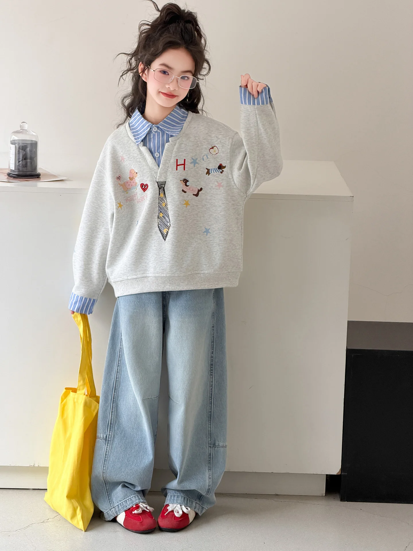 

Spring Autumn Girls School orm Set irt Sweatirt Jeans Two Piece Set Junior High School Student Wear Long Sve