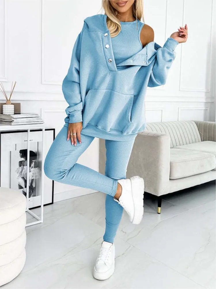 Autumn Winter Hoodie Women Casual Long Sleeve Vest Suit Solid Color Fashion Loose Sports Small Feet Trousers Female 3 Piece Set