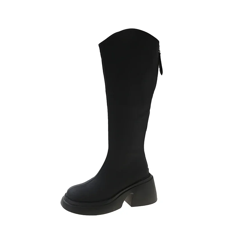 Botas de Otoño Invierno, nuevos zapatos de mujer, Botas de mujer con cremallera, tacones altos gruesos, tacones altos simples y gruesos, Botas hasta la rodilla de talla grande