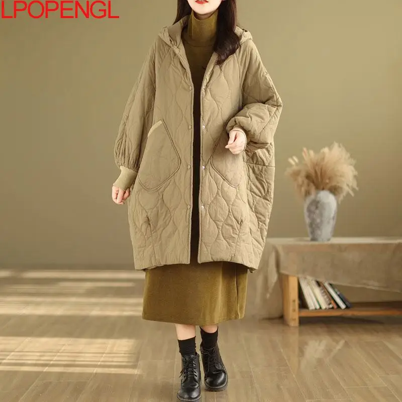 Fashion Women Winter New Mid-length Single Breasted Down Cotton Jacket Korean Loose Hooded Warm Rhombic Wide-waisted Coat