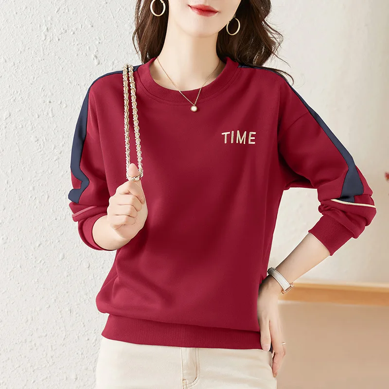 Autumn Winter Women's Pullover Round Neck Solid Letter Embroidery Screw Thread Lantern Long Sleeve T-shirt Hoodies Casual Tops