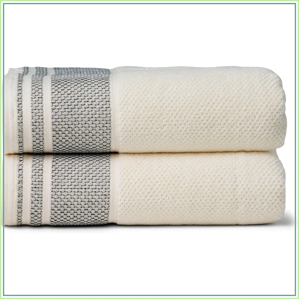 700 GSM Organic Cotton Rice Weave Jacquard Bath Towel Set - 2 Large Towels, Cream/Black