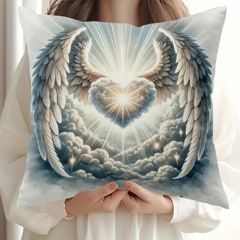 1pc 2D Flat Pillow Not Included Angel Wings Heart Clouds Spiritual Art Cushion Cover Short Plush Faith Home Decor Gift Case