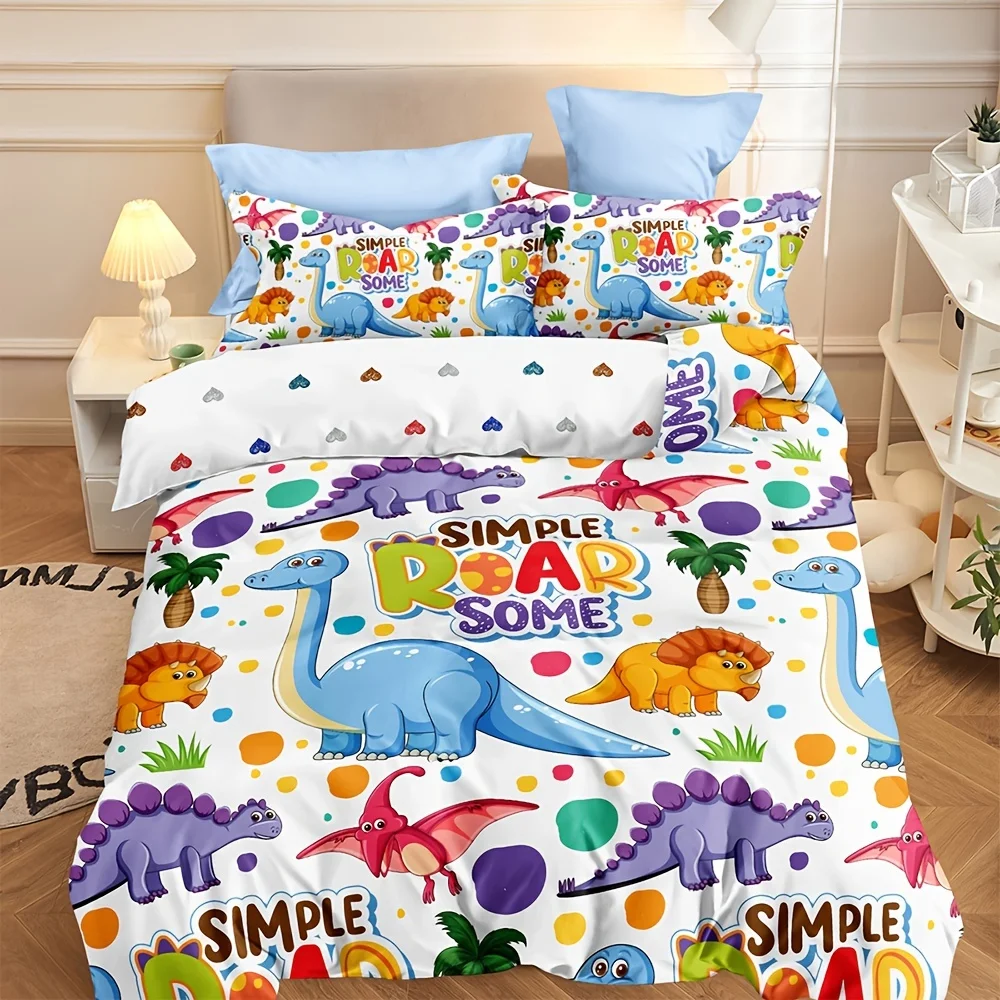 

3pcs Colorful Dinosaur Printed Bedding Kids Boys Children Cartoon Guest Room Duvet Cover Set (1pc* Duvet Cover+2pcs Pillowcase)