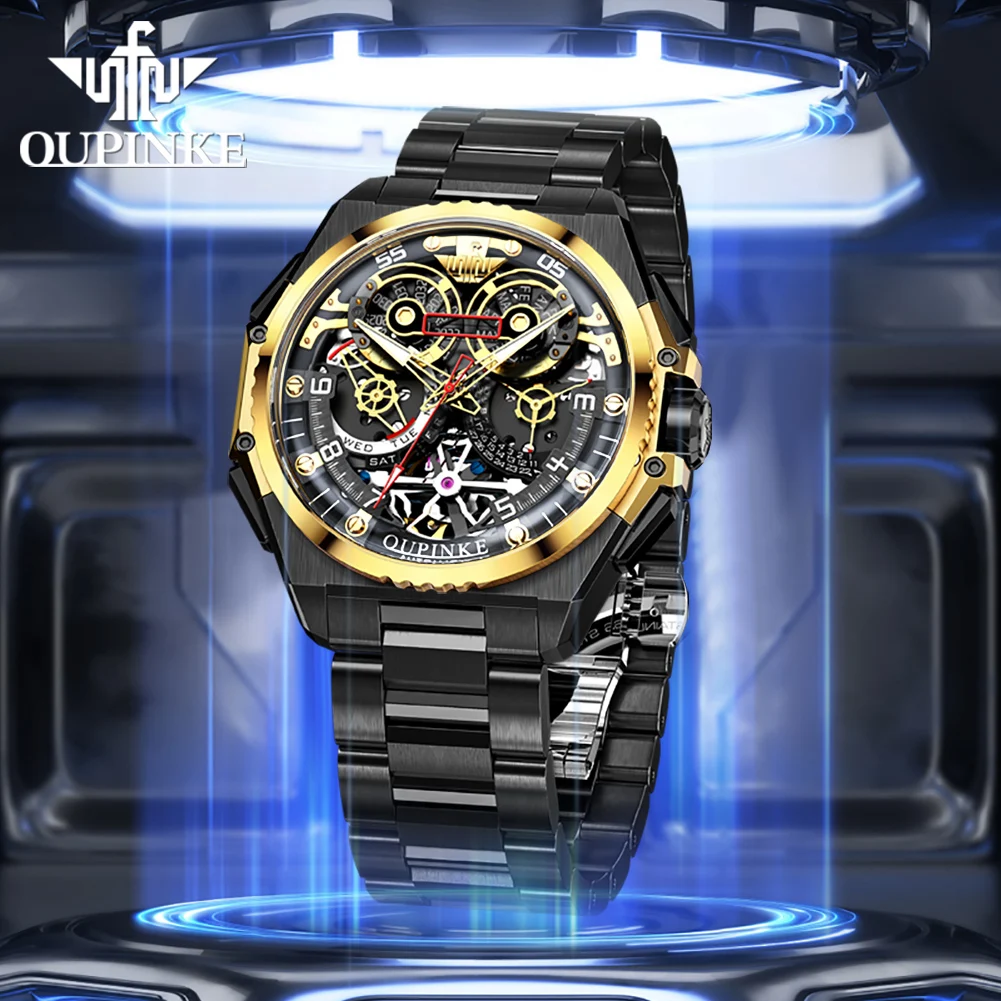 OUPINKE TOP Brand Automatic Watch for Men High Quality Tungsten steel Fashion Man Watch 45mm Big Dial Hollow Male Wristwatch
