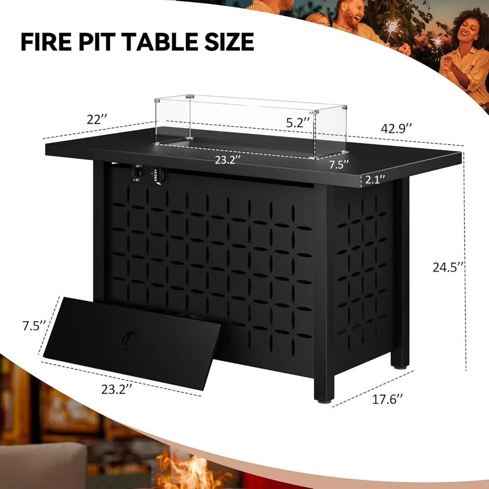 43 inch Gas Fire Pit Table, 50,000 BTU Outdoor Rectangular Propane Firepit Table with Lid, Glass Wind Guard, Lava Rock