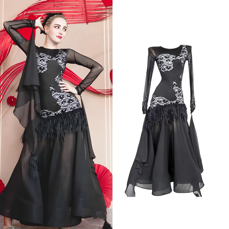 Customized Ballroom Dance Competition Dress For Women Long Sleeved Mesh Big Swing Skirt Waltz National Standard Dance Dress