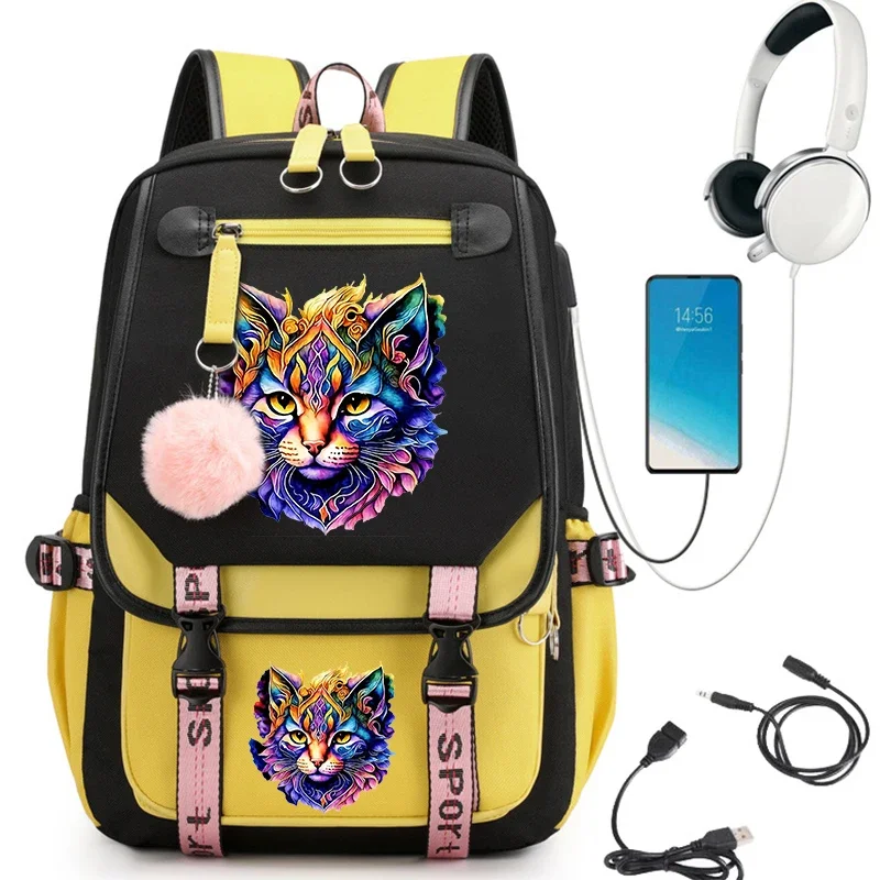 Mochila escolar con estampado de gato de acuarela para niñas, Bolsa Escolar de dibujos animados a la moda para estudiantes, adolescentes, mochila para computadora portátil para adolescentes