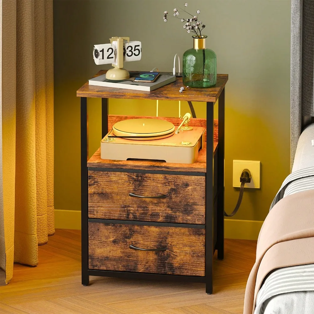 Nightstand With Charging Station & LED Light | USB Ports, Outlets & 2 PU Fabric Drawers For A Clutter-Free