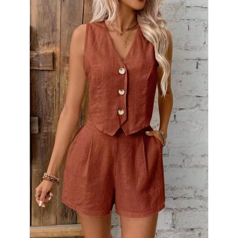 Two-piece Cross-border European American Women's Trade Sleeveless Plus-size Women's Clothing Solid-color Button Vest Set Women