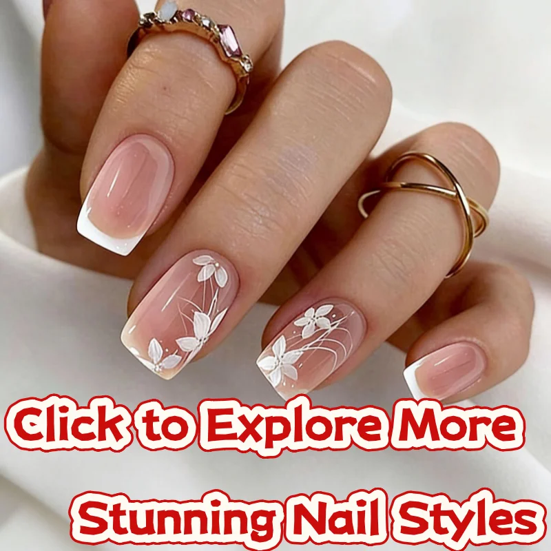 24Pcs Glossy Press on with Floral Designs French Tip Square 
