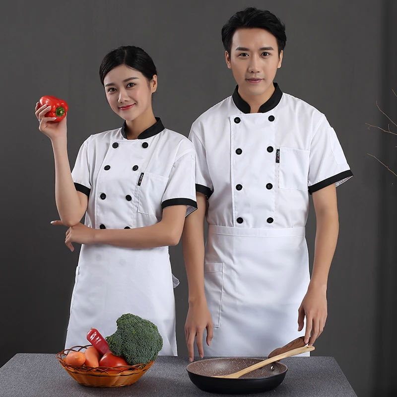 Mens Chef Shirt Uniform Short Sleeve Work Jacket Coat Hotel Restaurant Kitchen Stand Collar Cook Food Service Clothes Print Logo