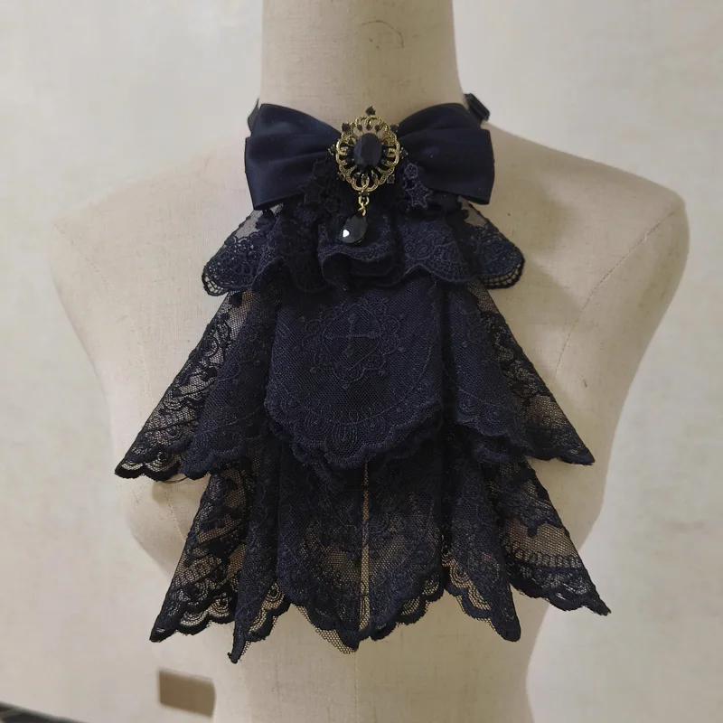 Ręcznie Robiony Elegancki Kołnierzyk Jabot z Koronkowym Krzyżem, Akcesoria Lolita, Gotycki Cosplay, Sztuczny Kołnierzyk, Warstwowy Kołnierzyk z Falbankami, Odpinany Kołnierzyk do Wiązania