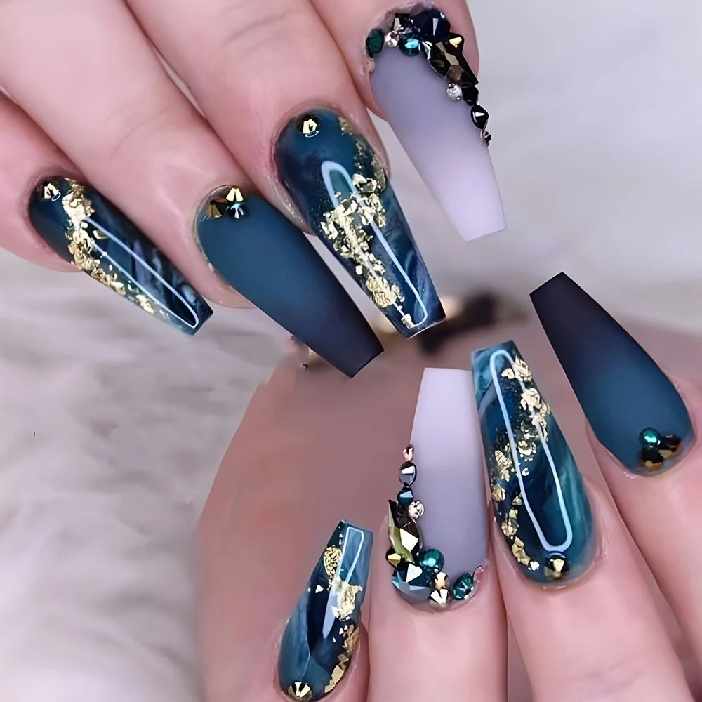 

24pcs Chic Dark Green Marbled Coffin Press-On Nails with Rhinestones - Includes Glue Sticker for Easy Application