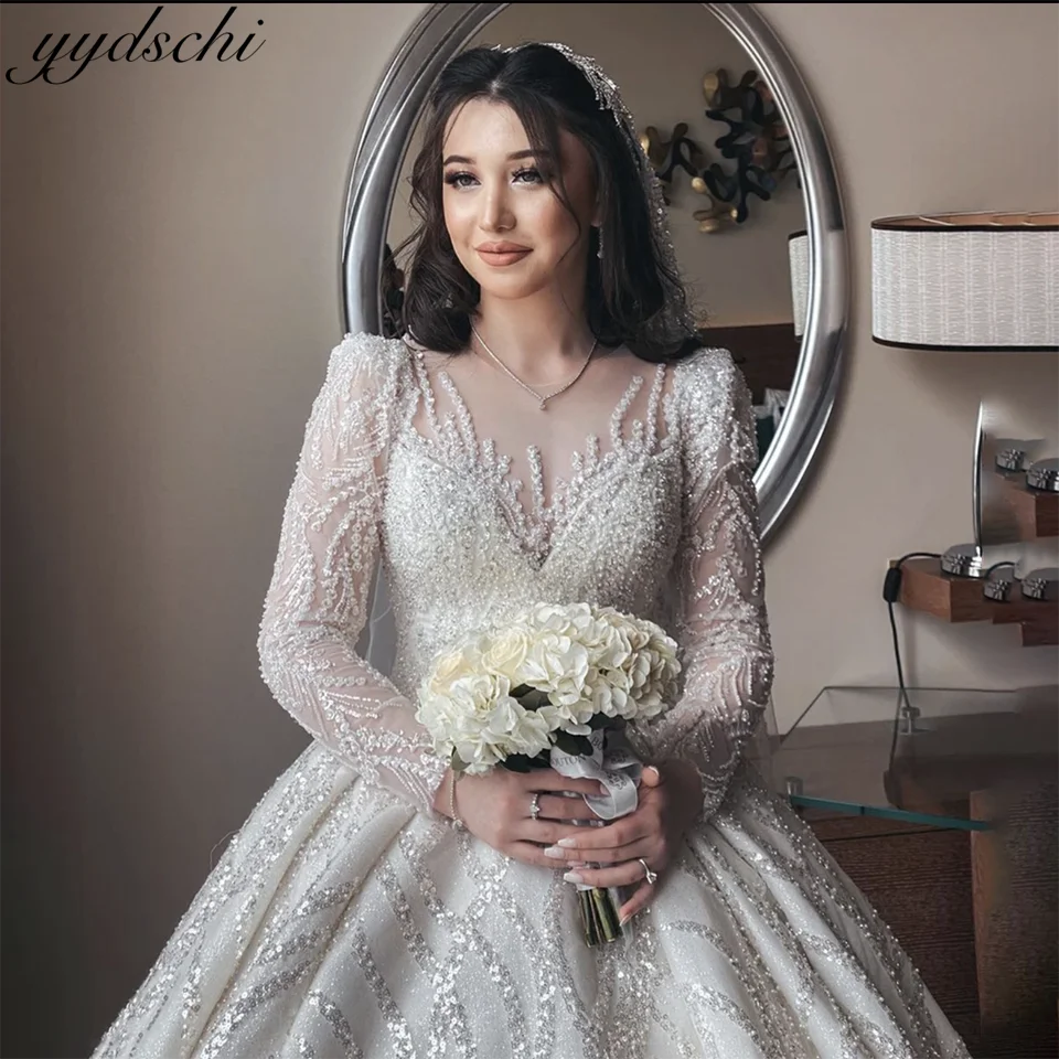 

Gorgeous Sweetheart Sparkly Beaded Sequin Long Sleeves Ball Gown Wedding Dresses 2024 Court Train Tulle Bridal Gowns For Women