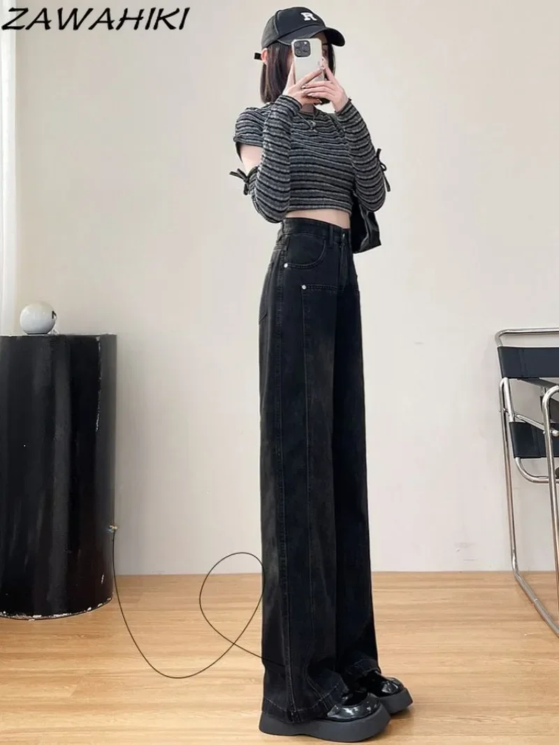 Spring Autumn Black Straight Solid Color Casual Loose Baggy Jeans Women High Waist Wide Leg Y2K Aesthetic Denim Pants Streetwear