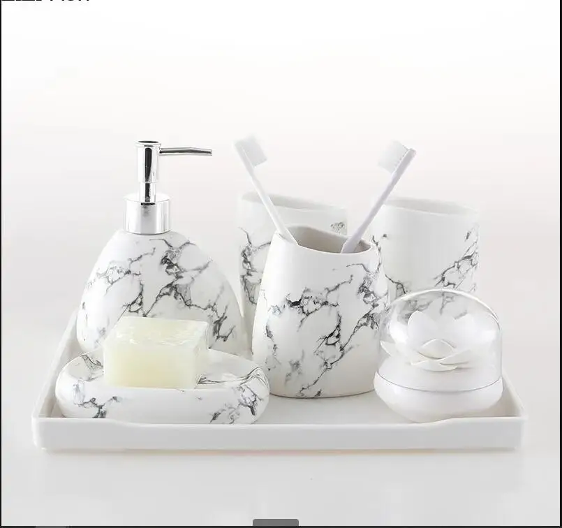 Imitation Marble Pattern Ceramic Bathroom Soap Dispenser Set Tumbler Toothbrush Holder Wash Suit Home Accessories