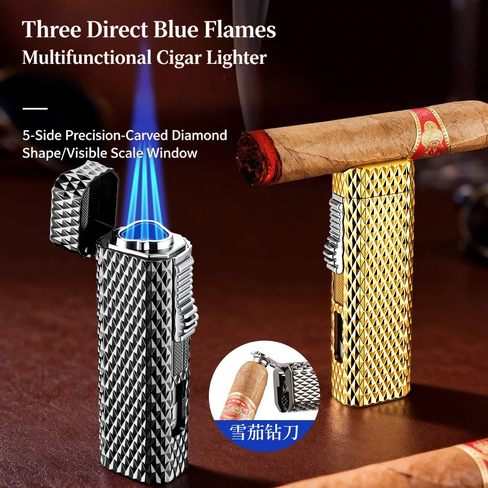Triple Jet Flame Cigar Lighter with Cigar Punch & Rest Diamond Cut Metal Torch Lighter with Visible Gas Window Windproof Lighter
