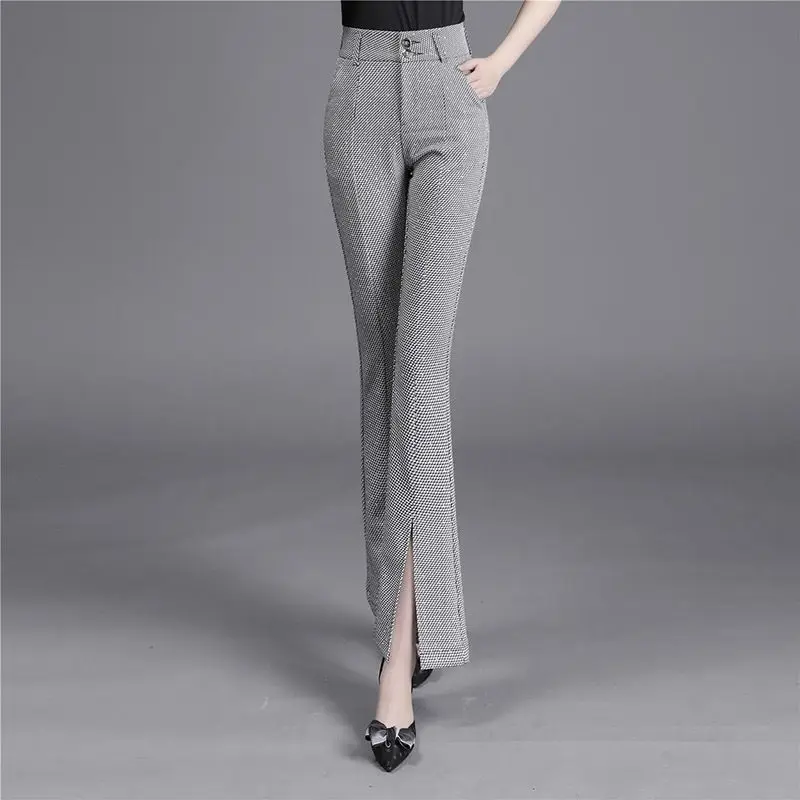 Office Lady Slim High Waist Split Flare Pants Women Clothing Summer New Plaid Chic Korean Fashion Women Grey Casual Suit Trouser