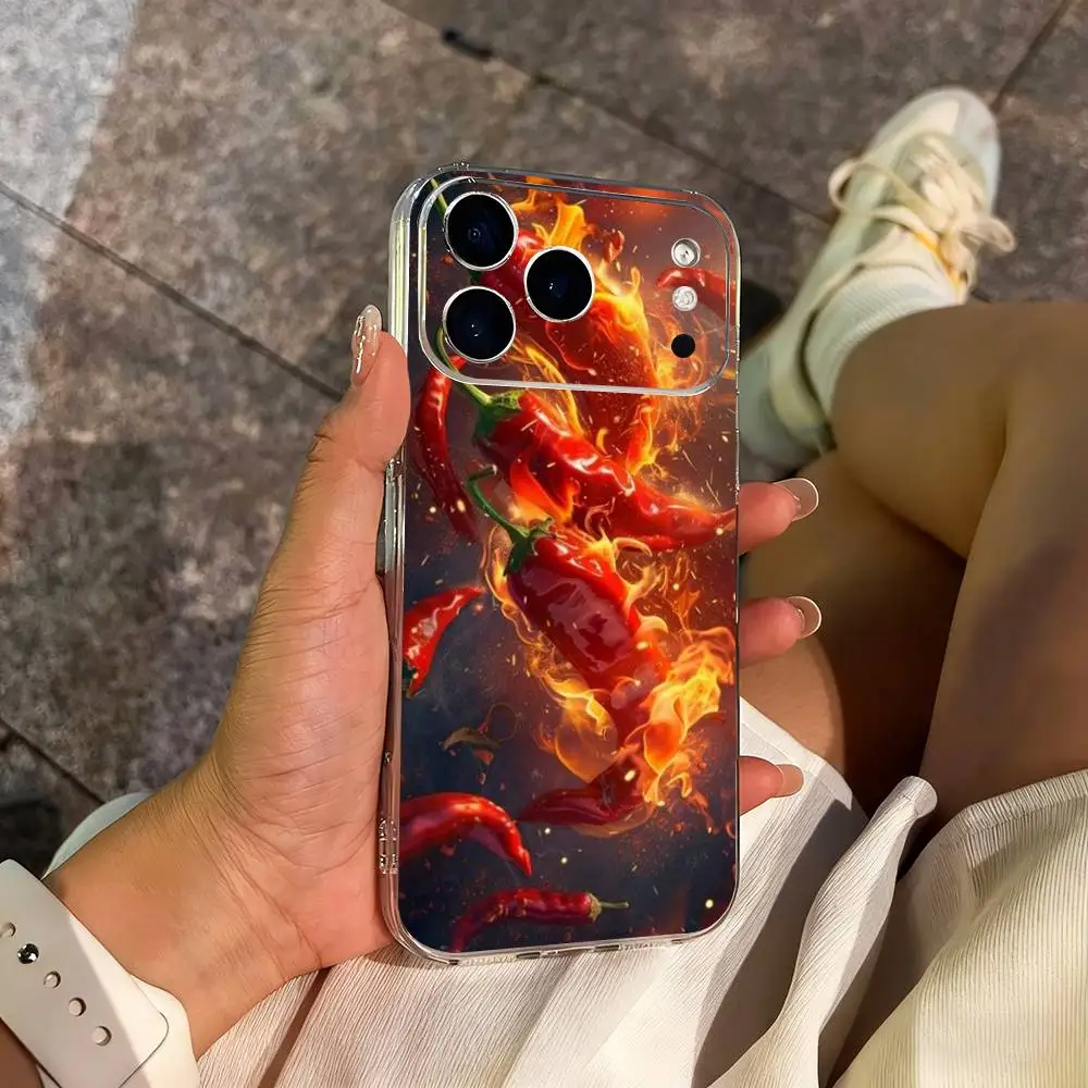 Custodia per telefono Flaming Chili Art per iPhone 14,13,12,11,17,16,15,Pro,Max,Plus,X,XS,XR,SE,Mini Cover morbida trasparente