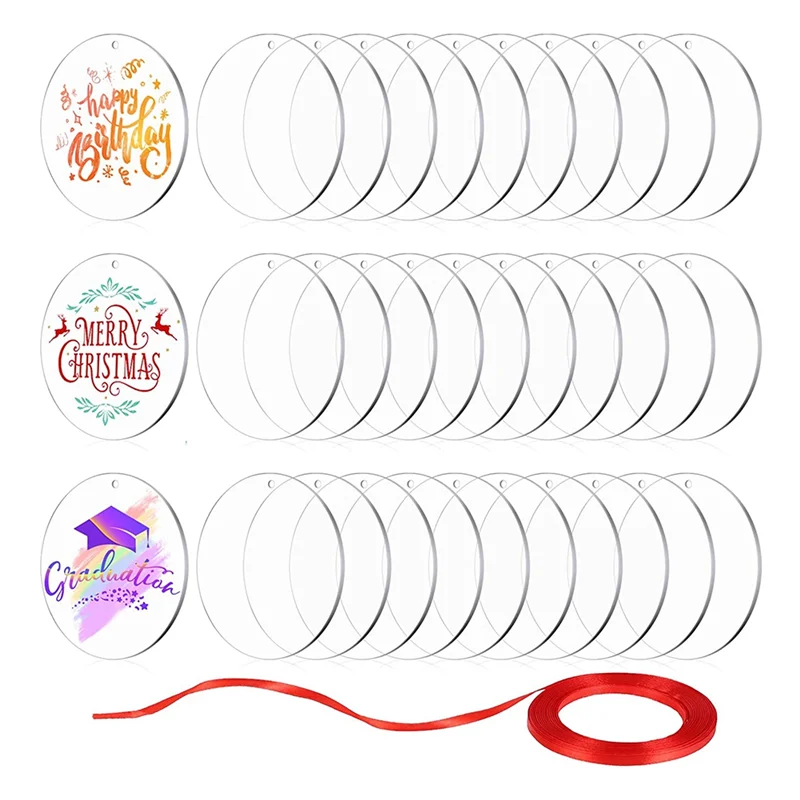 30Pc Acrylic Blanks 2.5 Inch Clear Circle Acrylic Sheet with Hole Round Acrylic Blanks Disc Christmas Birthday DIY Gifts