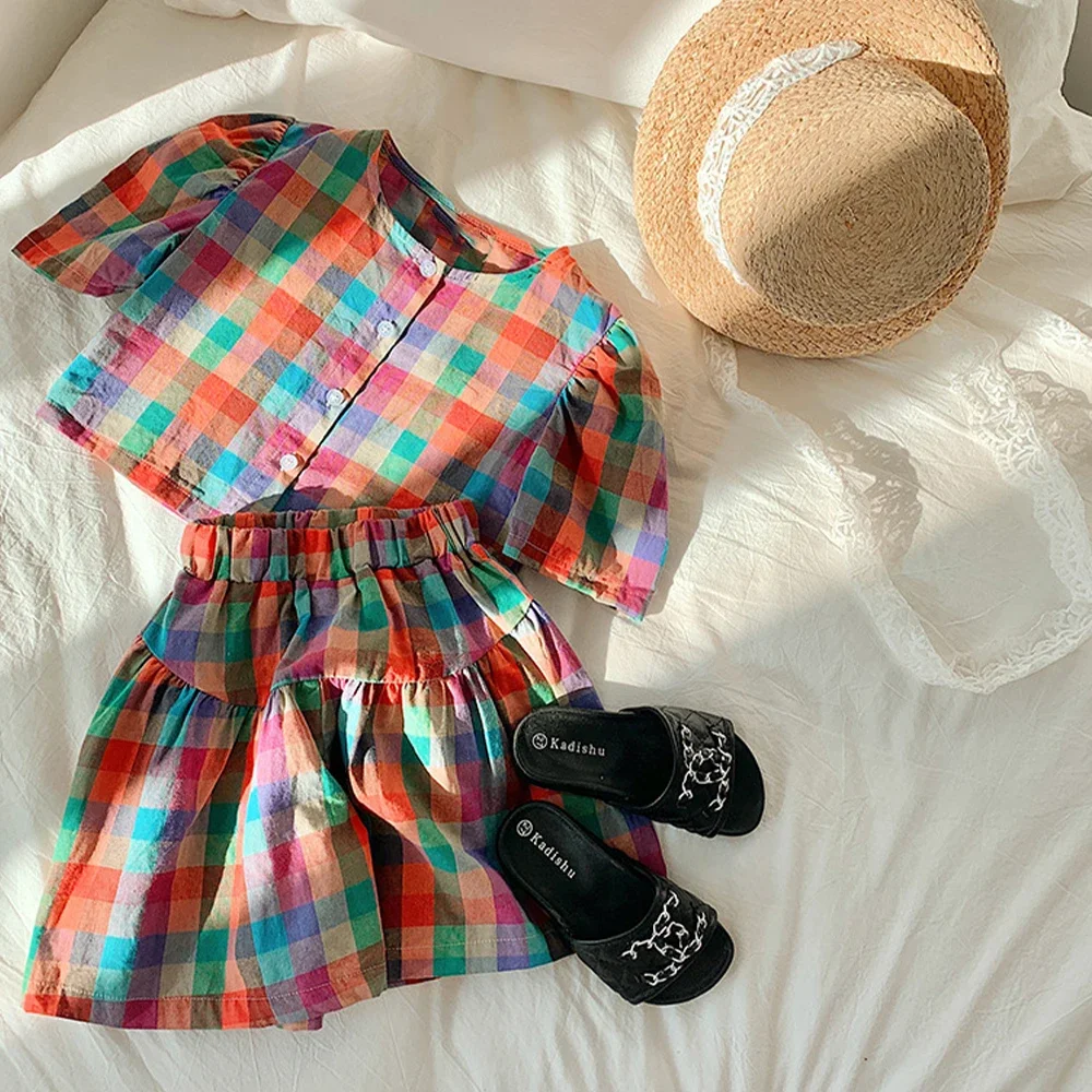 Menoea Colorful Plaid  Set Summer Children's Clothing Bubble Sleeve Shirt Tops + Shorts Suit Two Piece Girls Sets Outfits