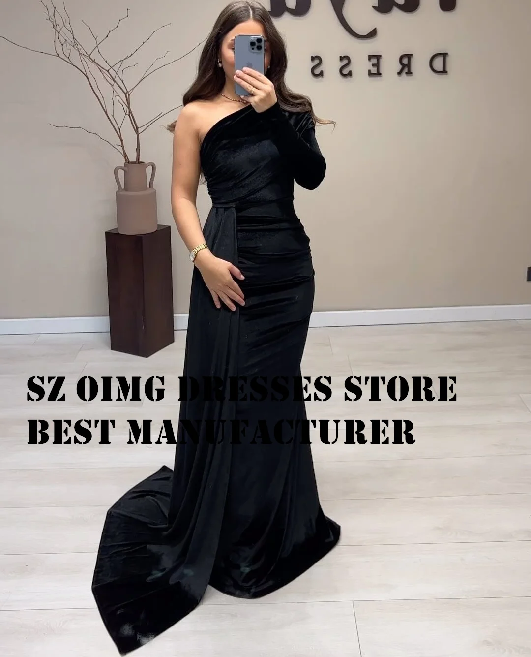 

OIMGS Elegant Black Prom Dresse Long Sleeves One-Shoulder Sheath Satin Sweep Strain Women Evening Gowns Formal Party Dress