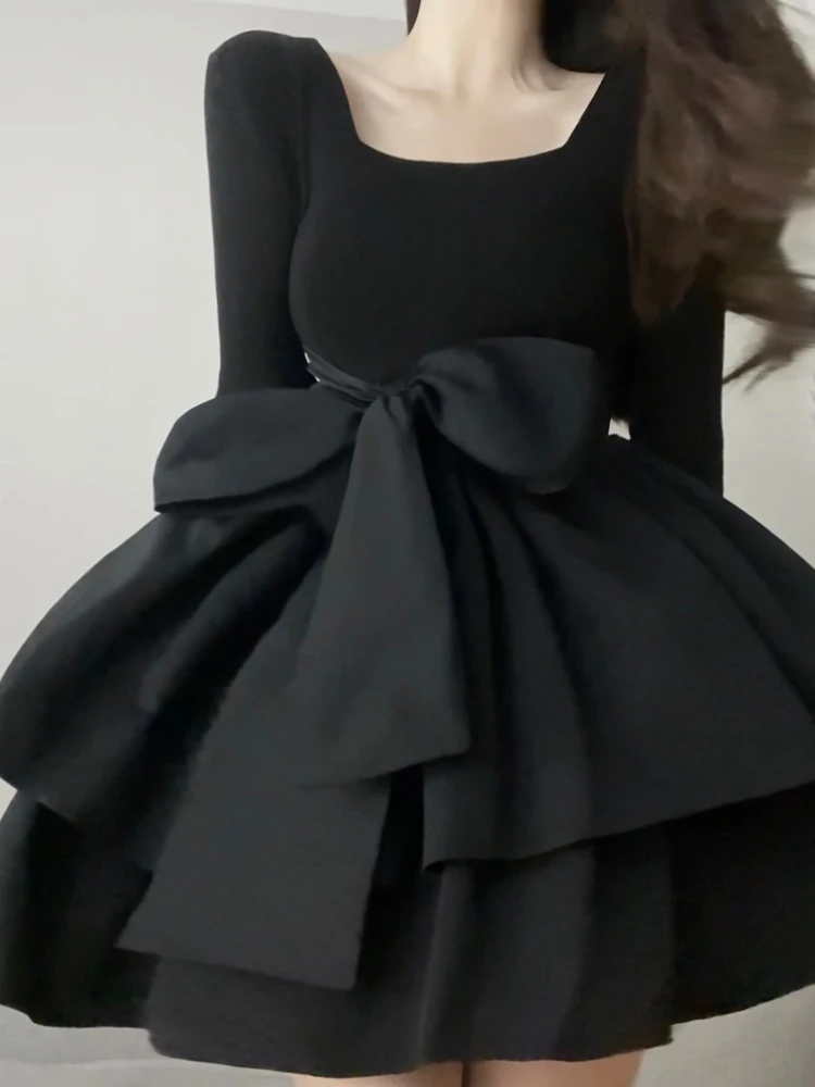 

Princ Sle Bla Puffy Knot Dr Women's mid Waist Slimming Par Dr Long Sve High Waist A-Line Skirt