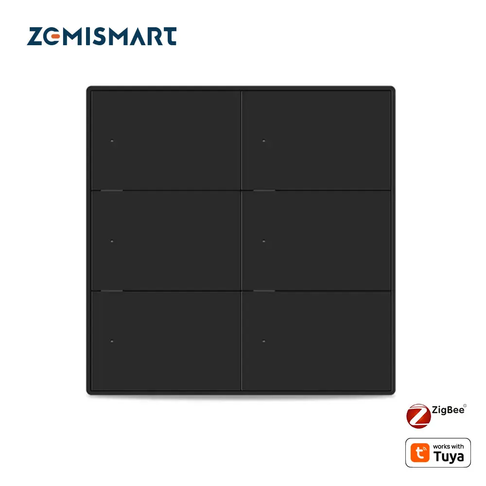 Zemismart 6 Gangs Zigbee Black Interruptor with Neutral Push Wall Light Switches Work with Tuya Smartthings Alexa Google Home