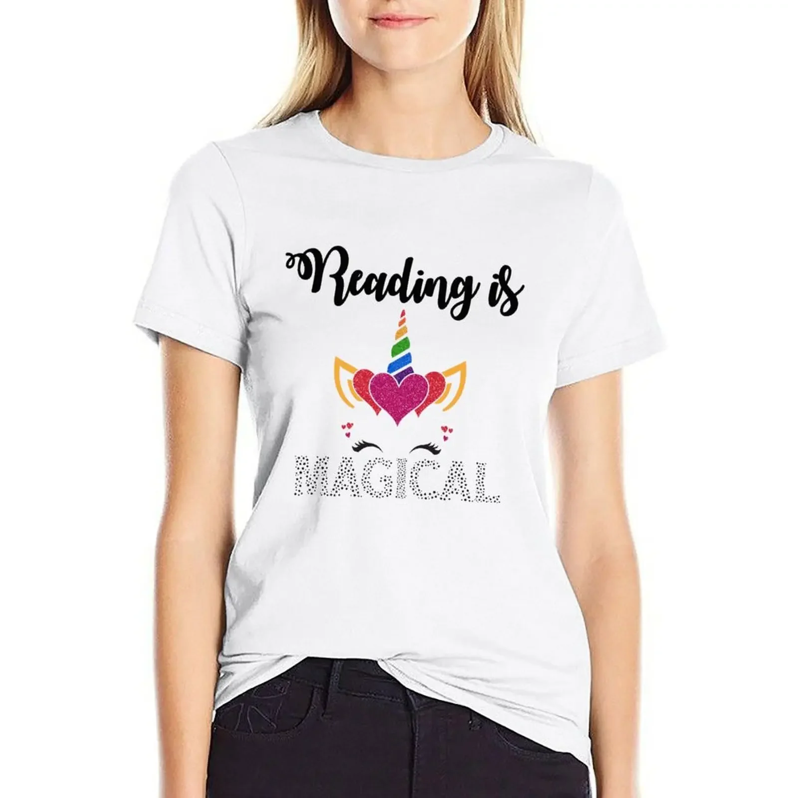 

Unicorn with rainbow - magic reading T-shirt anime clothes Female clothing vintage clothes workout shirts for Women loose fit