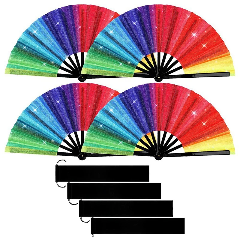 4Pcs Glitter Rainbow Hand Fan Handheld Rave Fan Performance Clack Dance Fan Chinese Festival Fan Decorative Folding Fan