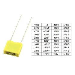 50pcs/lot 10 Value Polypropylene Film Capacitor 1nF 10nF 47nF 100nF 470nF Capacitance Correction Capacitor Assorted Kit