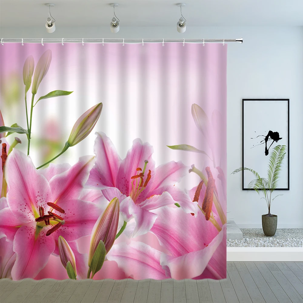 

Watercolor Flower Plant Scenery Shower Curtains Pink Tulip Rose Spring Landscape 3d Print Bathroom Decor Waterproof Bath Screen