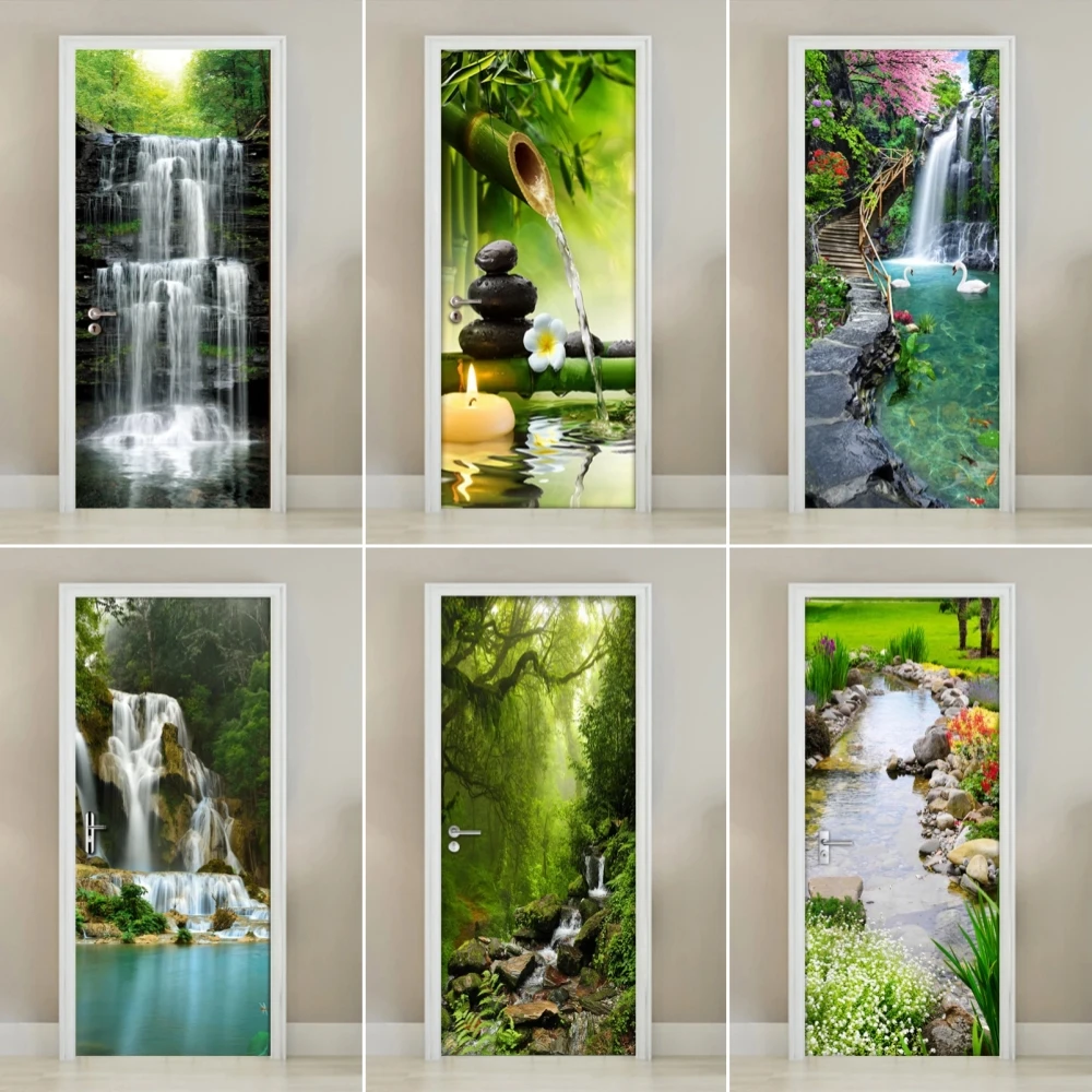 

1Set Self-adhesive Removable Door Sticker Waterfall Landscape Bamboo Zen Mural Wall Art Stickers Dorm Home Decoration Waterproof